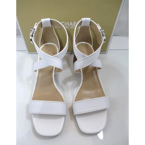Michael Kors Ashton Mid Crisscross Stacked Block Sandal Leather White Size 9.5 - Picture 4 of 6